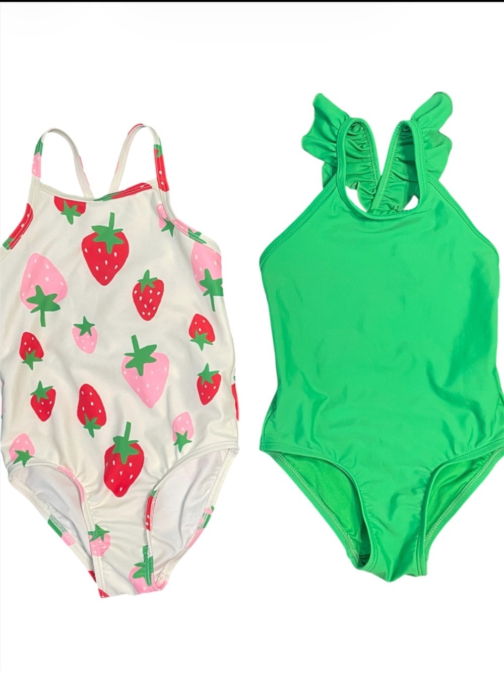 Old Navy Girls Set of 2 Swimsuits Green Ruffle & Strawberry Print One piece Set